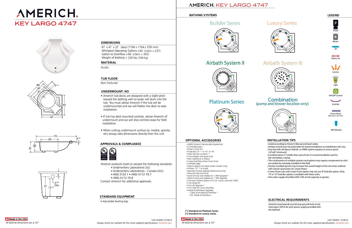 Americh KL4747TA2-WH Key Largo 4747 - Tub Only / Airbath 2 - White