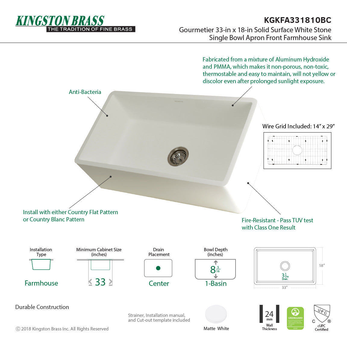 Arcticstone KGKFA331810BC 33-Inch Solid Surface White Stone Apron-Front Single Bowl Farmhouse Kitchen Sink, Matte White/Brushed