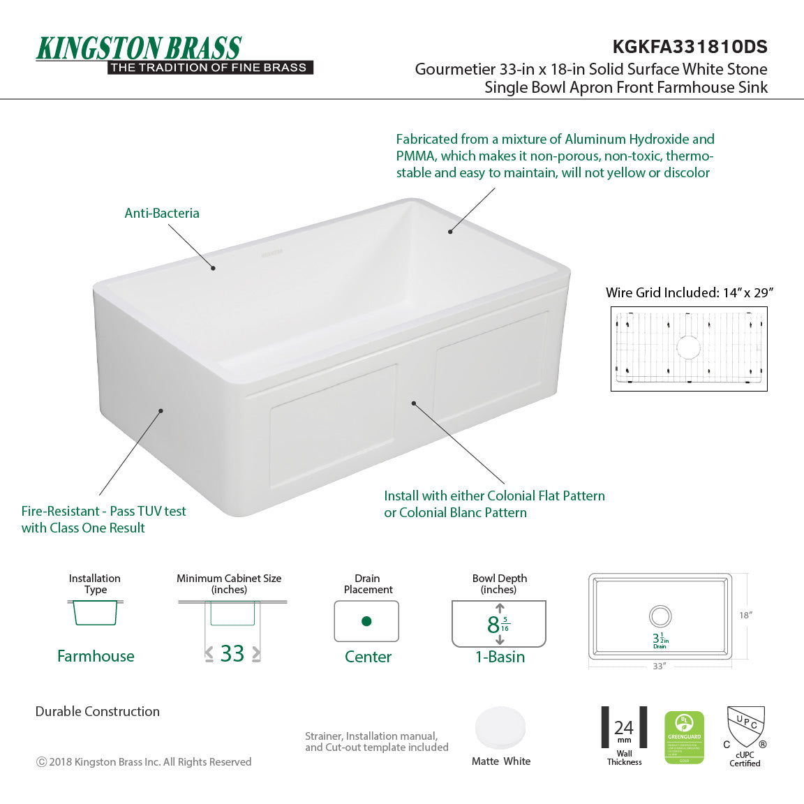 Arcticstone KGKFA331810DS 33-Inch Solid Surface White Stone Apron-Front Single Bowl Farmhouse Kitchen Sink, Matte White/Brushed
