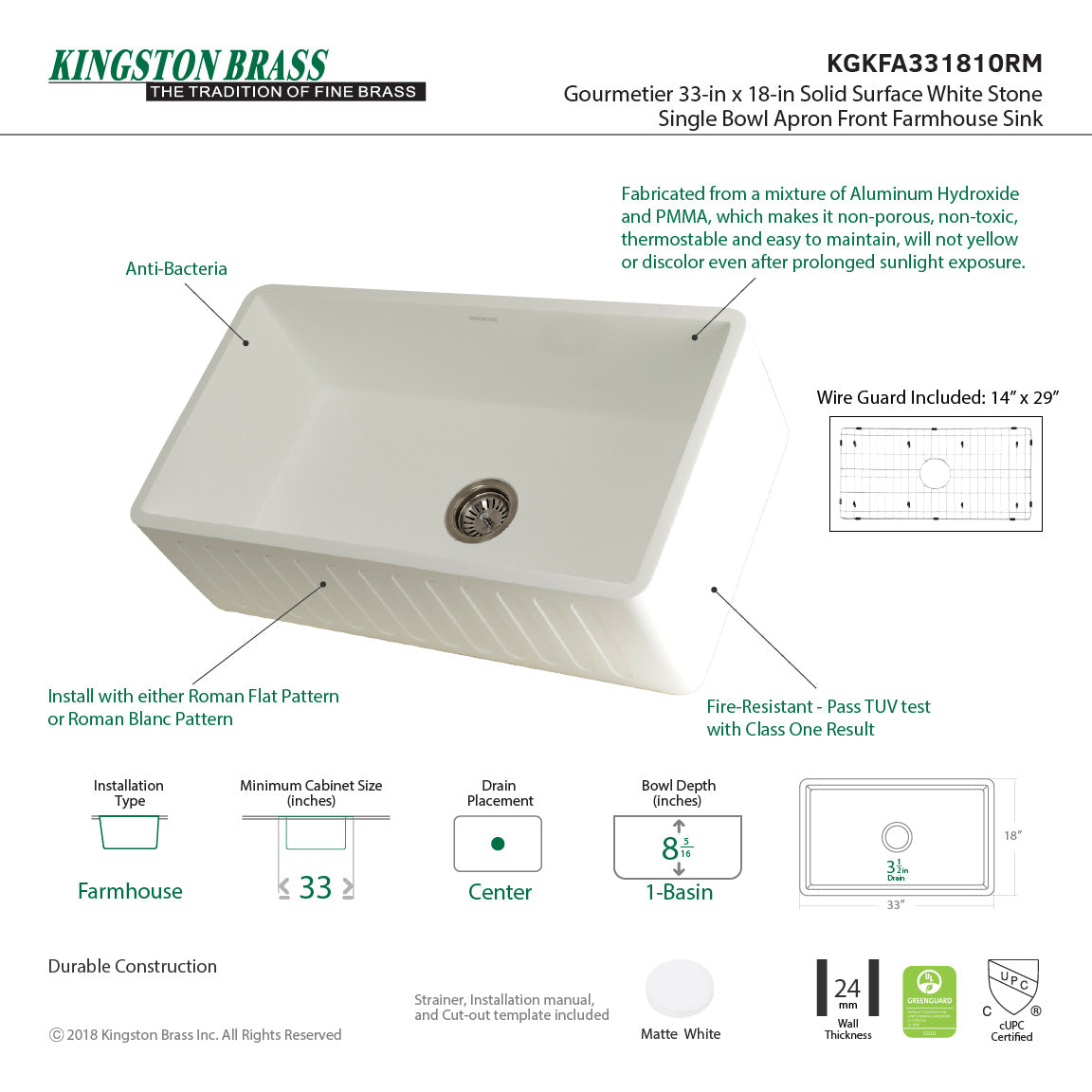 Arcticstone KGKFA331810RM 33-Inch Solid Surface White Stone Apron-Front Single Bowl Farmhouse Kitchen Sink, Matte White/Brushed