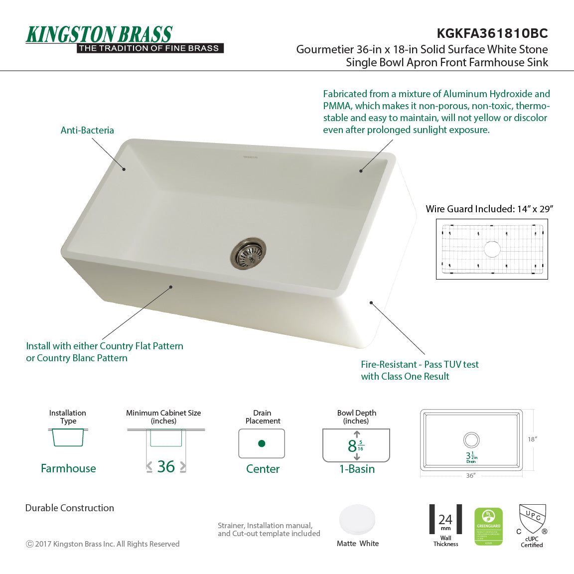 Arcticstone KGKFA361810BC 36-Inch Solid Surface White Stone Apron-Front Single Bowl Farmhouse Kitchen Sink, Matte White/Brushed