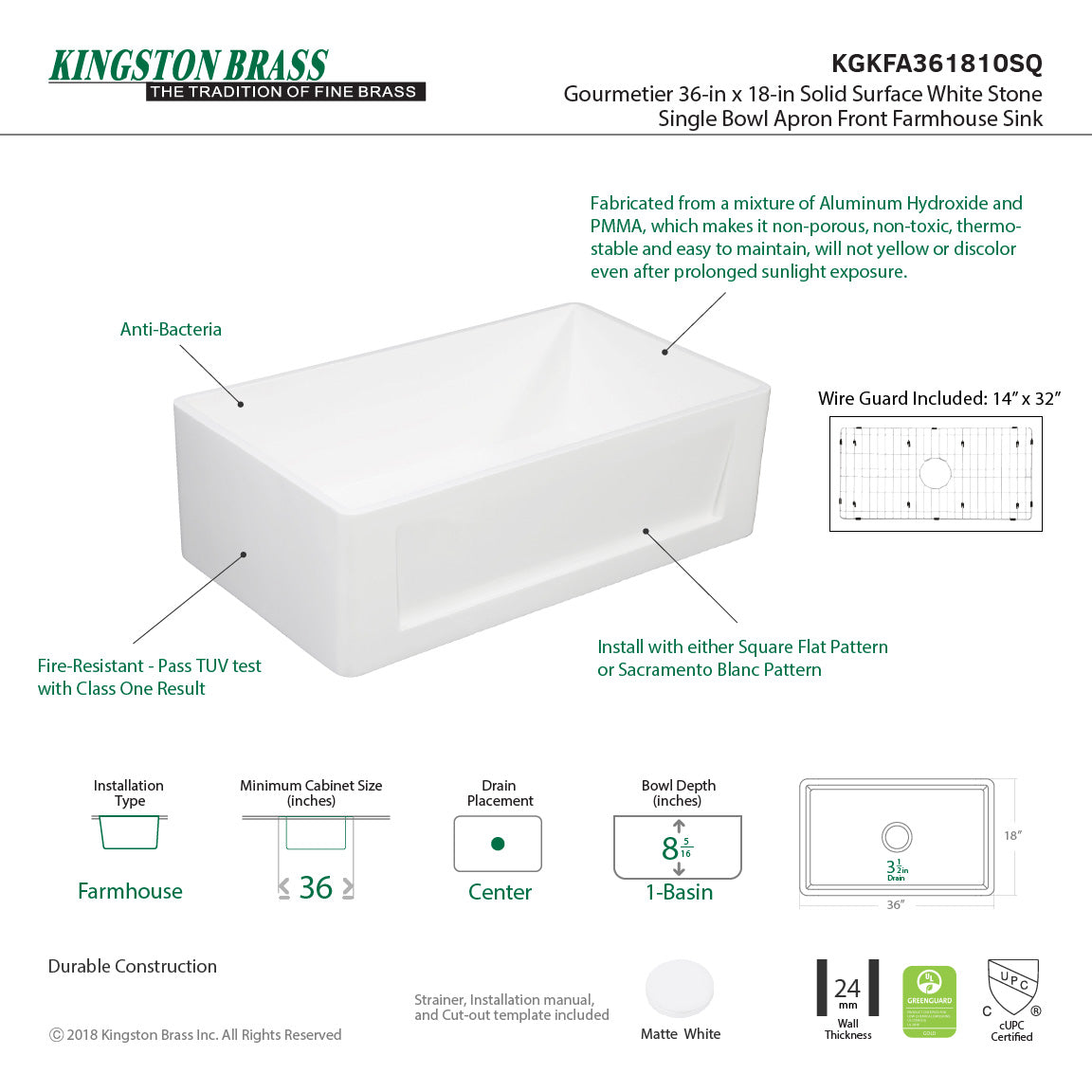 Arcticstone KGKFA361810SQ 36-Inch Solid Surface White Stone Apron-Front Single Bowl Farmhouse Kitchen Sink, Matte White/Brushed