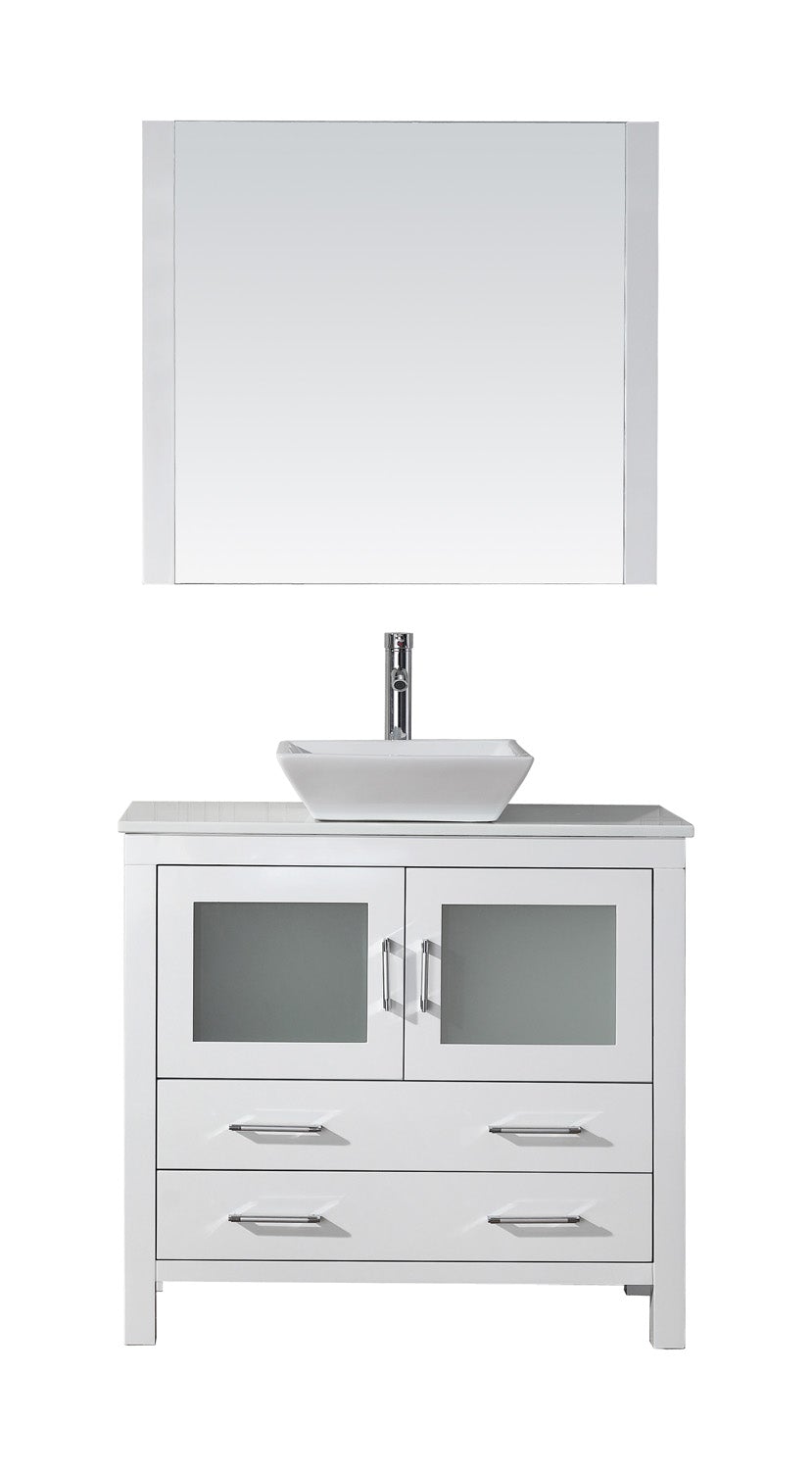 Virtu USA Dior 36" Single Bath Vanity with White Engineered Stone Top and Square Sink with Polished Chrome Faucet and Mirror - Luxe Bathroom Vanities