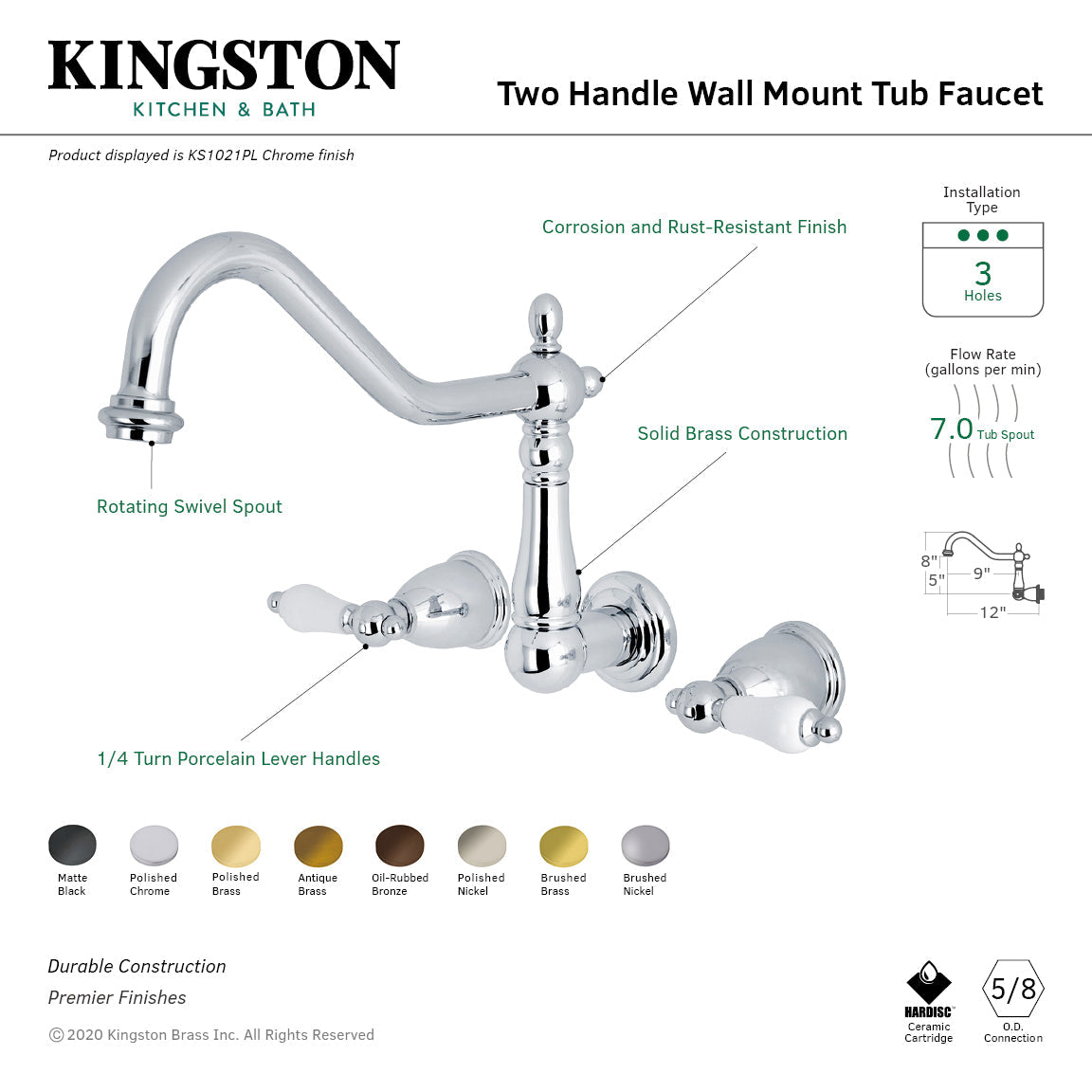 Heritage KS1027PL Two-Handle 3-Hole Wall Mount Roman Tub Faucet, Brushed Brass