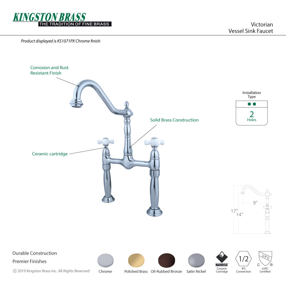 Victorian KS1072PX Two-Handle 2-Hole Deck Mount Vessel Faucet, Polished Brass