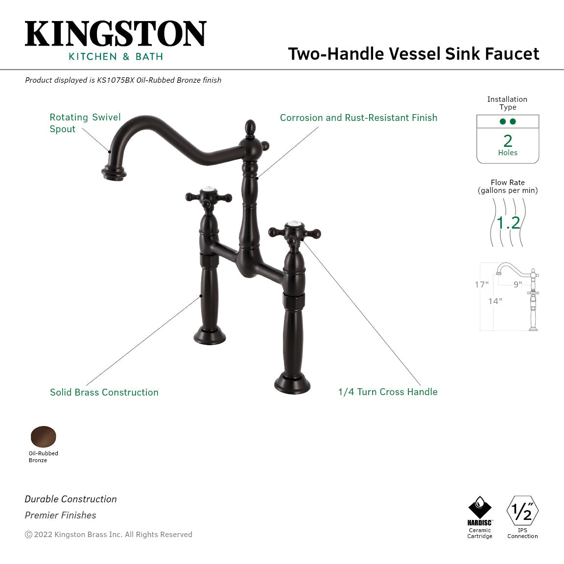 KS1075BX Two-Handle 2-Hole Deck Mount Vessel Faucet, Oil Rubbed Bronze