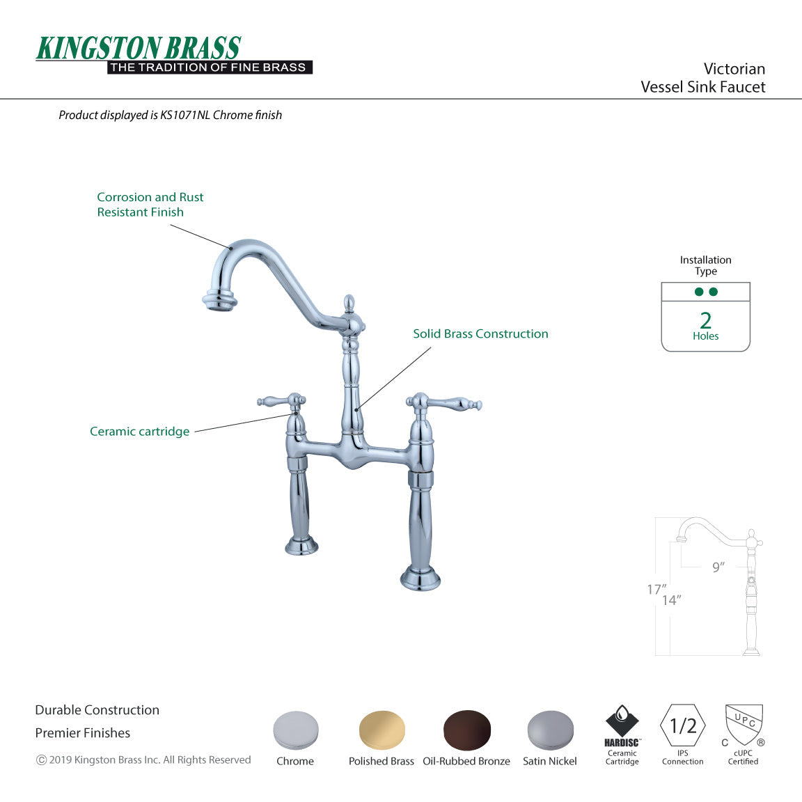 Victorian KS1078NL Two-Handle 2-Hole Deck Mount Vessel Faucet, Brushed Nickel