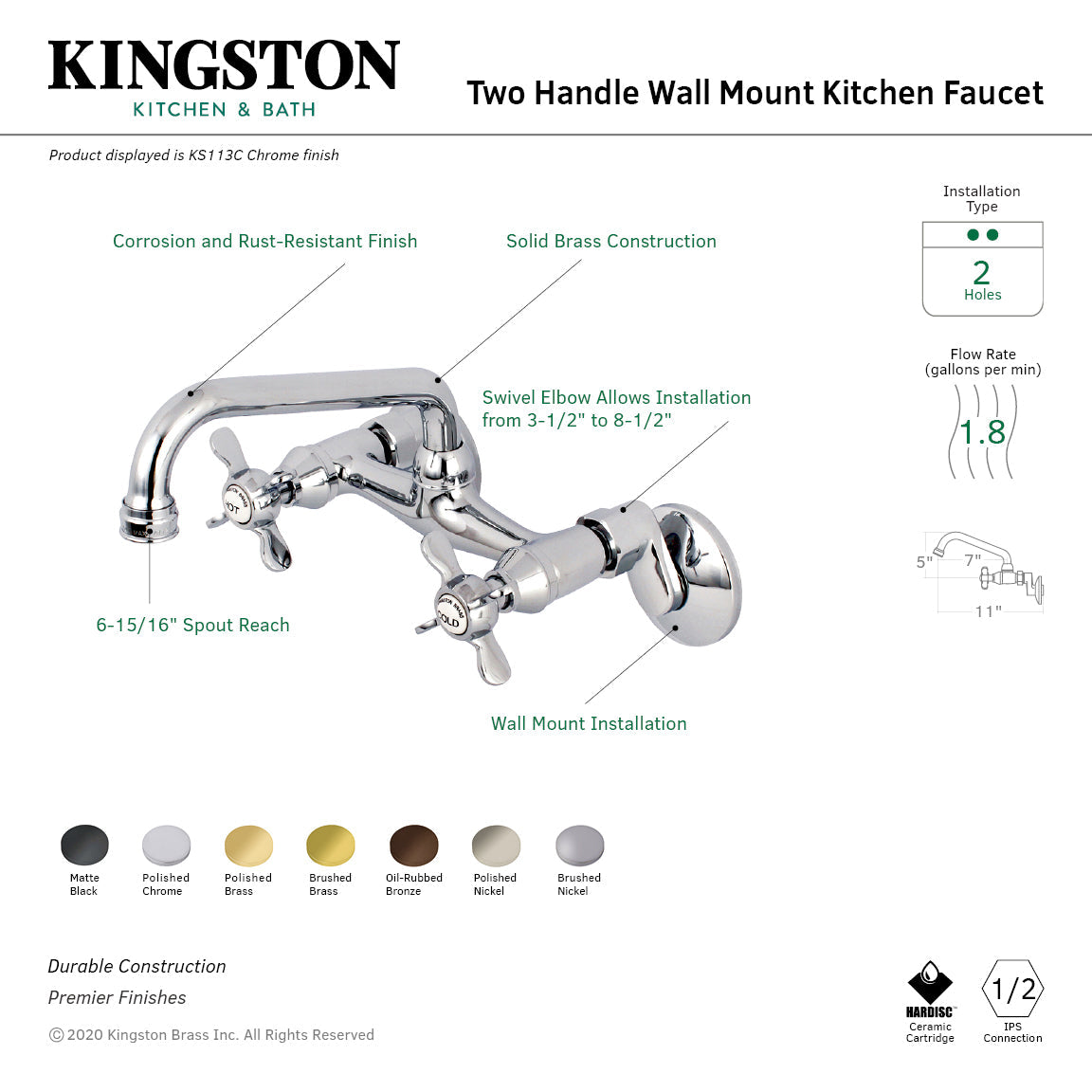 Essex KS113PB Two-Handle 2-Hole Wall Mount Kitchen Faucet, Polished Brass