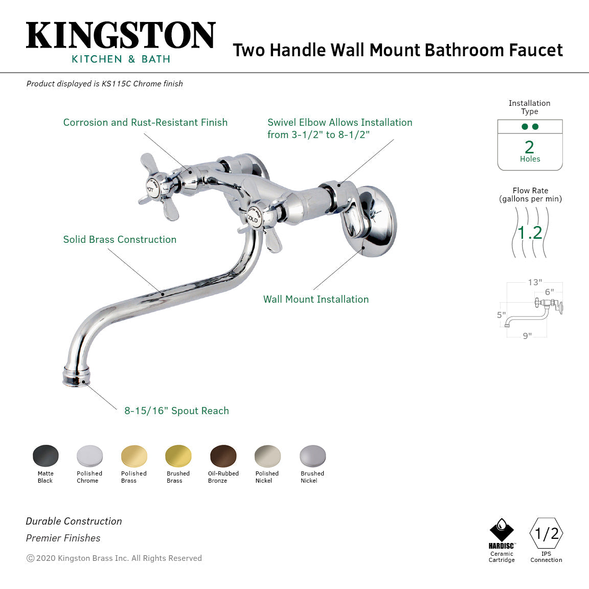 Essex KS115PN Two-Handle 2-Hole Wall Mount Bathroom Faucet, Polished Nickel