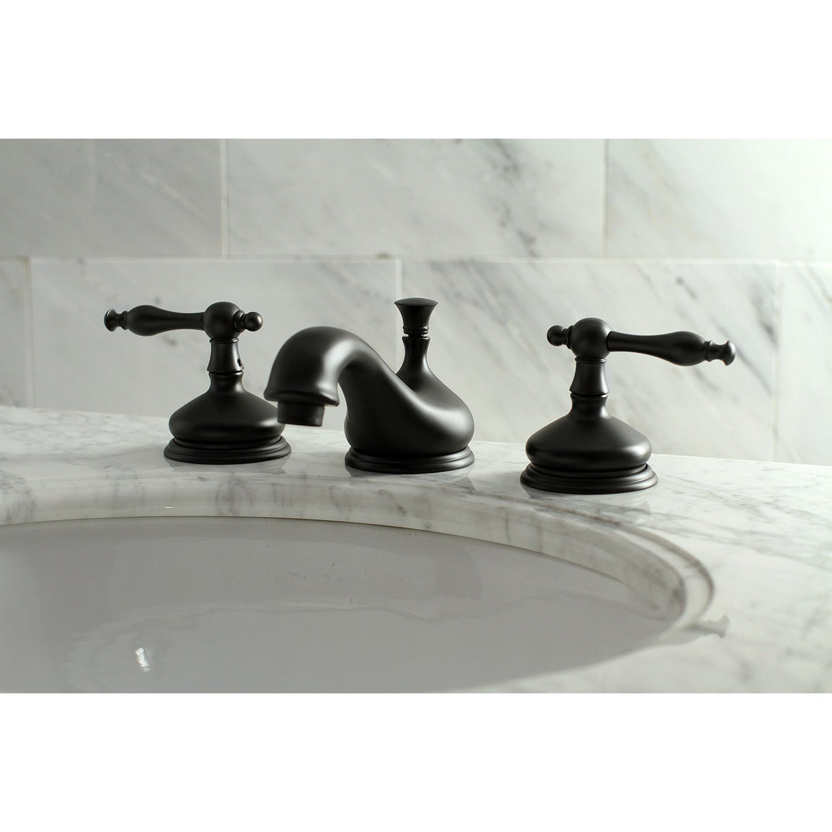 Heritage KS1160NL Two-Handle 3-Hole Deck Mount Widespread Bathroom Faucet with Brass Pop-Up, Matte Black