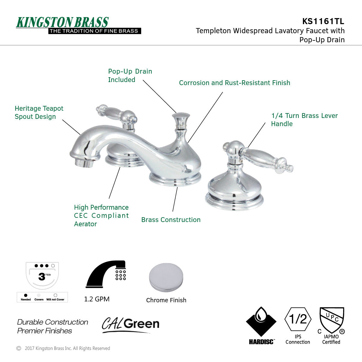 Heritage KS1161TL Two-Handle 3-Hole Deck Mount Widespread Bathroom Faucet with Brass Pop-Up, Polished Chrome