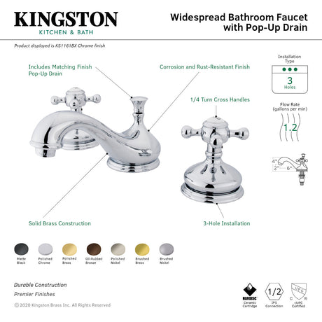 Vintage KS1162BX Two-Handle 3-Hole Deck Mount Widespread Bathroom Faucet with Brass Pop-Up, Polished Brass