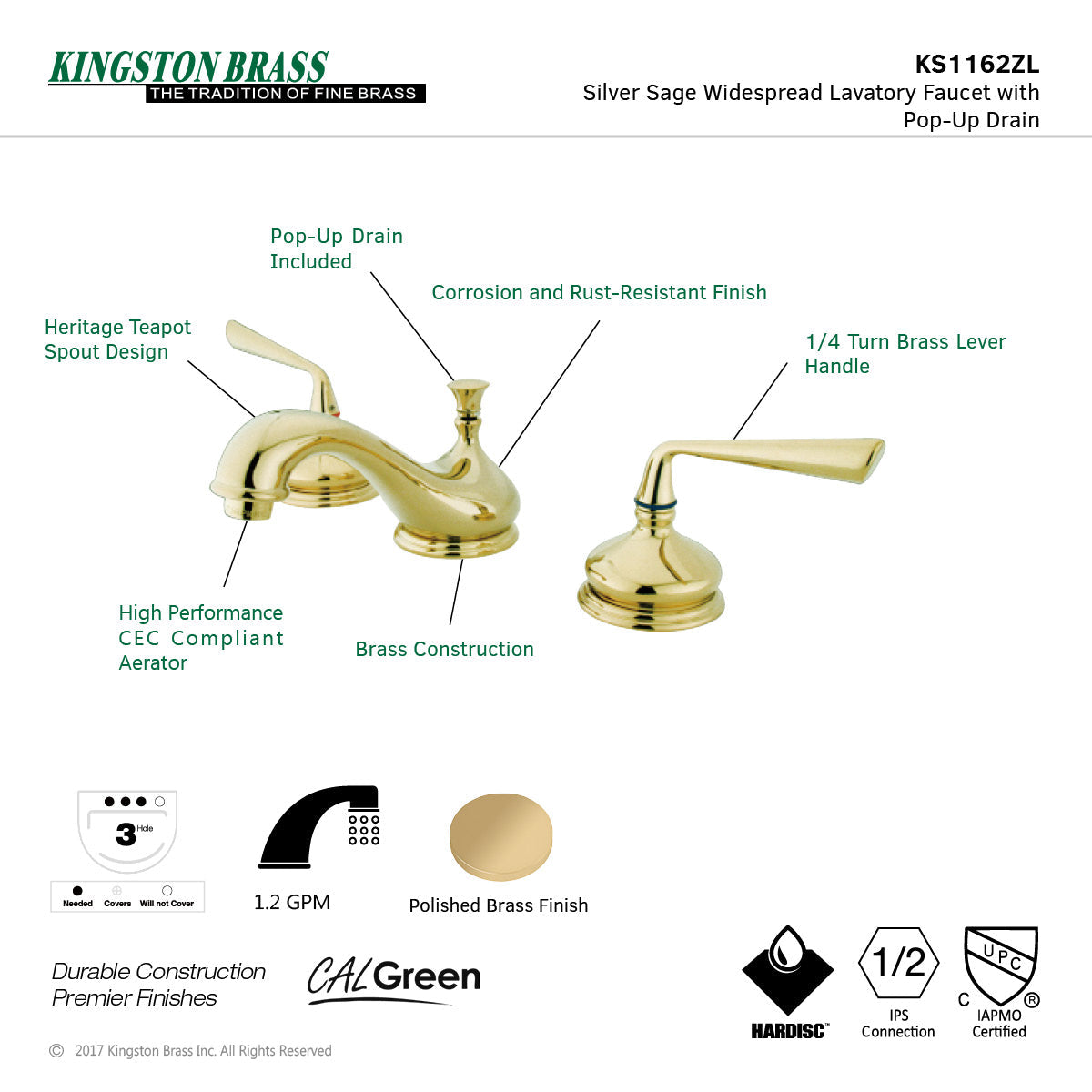 Silver Sage KS1162ZL Two-Handle 3-Hole Deck Mount Widespread Bathroom Faucet with Brass Pop-Up, Polished Brass