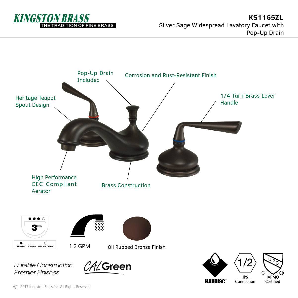 Silver Sage KS1165ZL Two-Handle 3-Hole Deck Mount Widespread Bathroom Faucet with Brass Pop-Up, Oil Rubbed Bronze