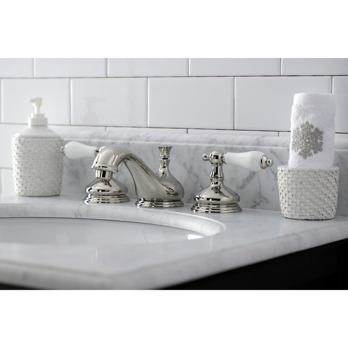 Heritage KS1166PL Two-Handle 3-Hole Deck Mount Widespread Bathroom Faucet with Brass Pop-Up, Polished Nickel