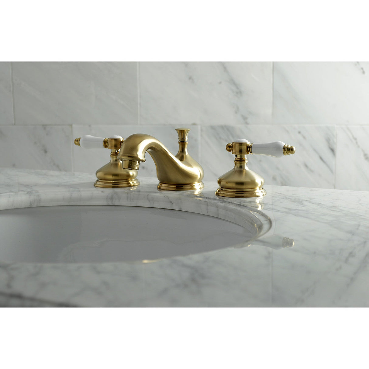 Bel-Air KS1167BPL Two-Handle 3-Hole Deck Mount Widespread Bathroom Faucet with Brass Pop-Up, Brushed Brass