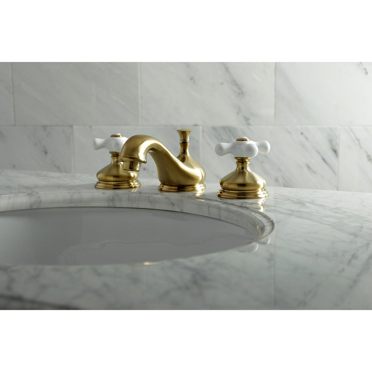 Heritage KS1167PX Two-Handle 3-Hole Deck Mount Widespread Bathroom Faucet with Brass Pop-Up, Brushed Brass