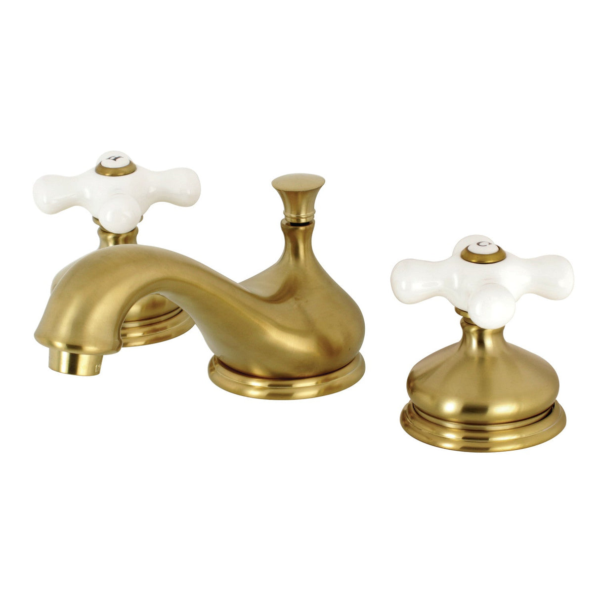 Heritage KS1167PX Two-Handle 3-Hole Deck Mount Widespread Bathroom Faucet with Brass Pop-Up, Brushed Brass