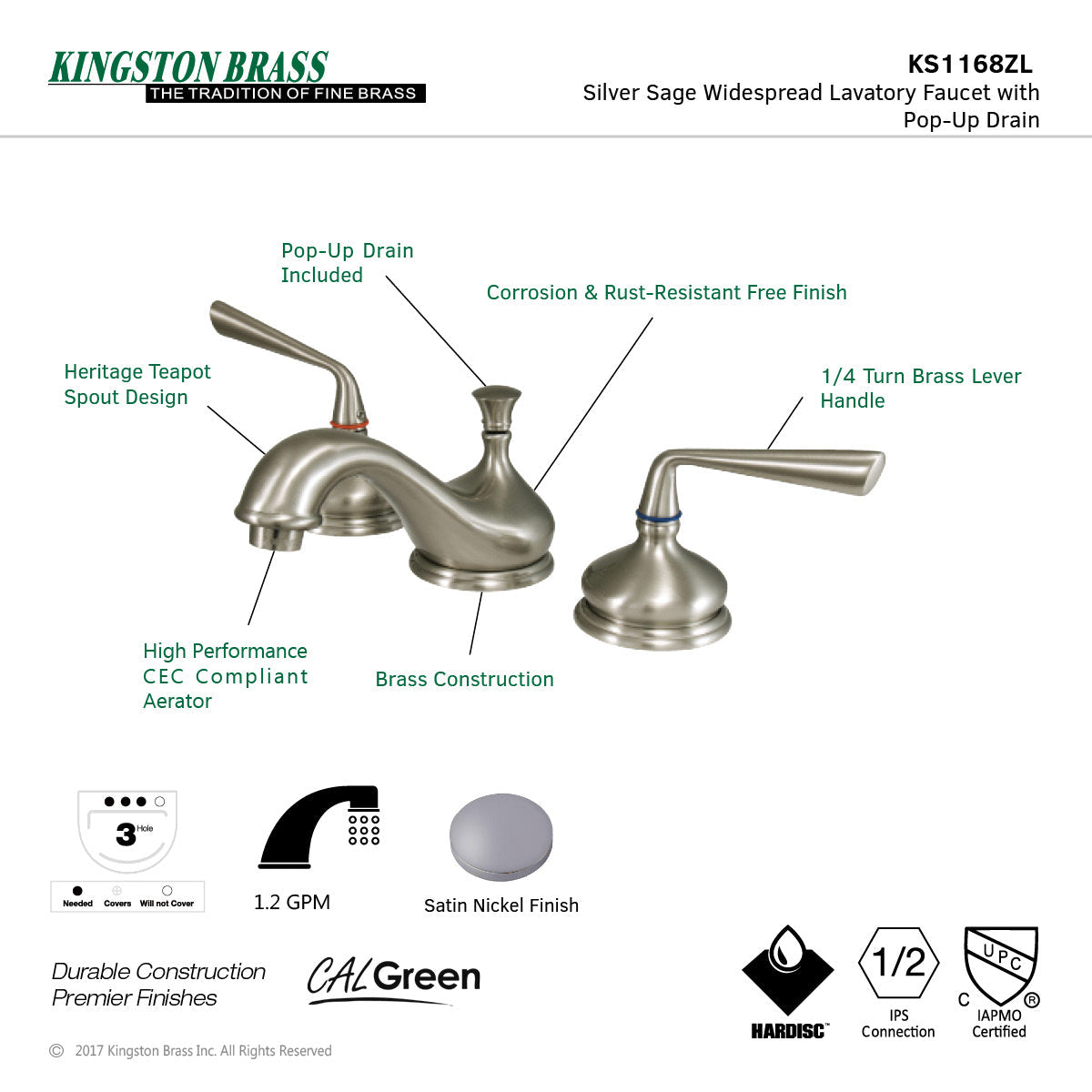 Silver Sage KS1168ZL Two-Handle 3-Hole Deck Mount Widespread Bathroom Faucet with Brass Pop-Up, Brushed Nickel