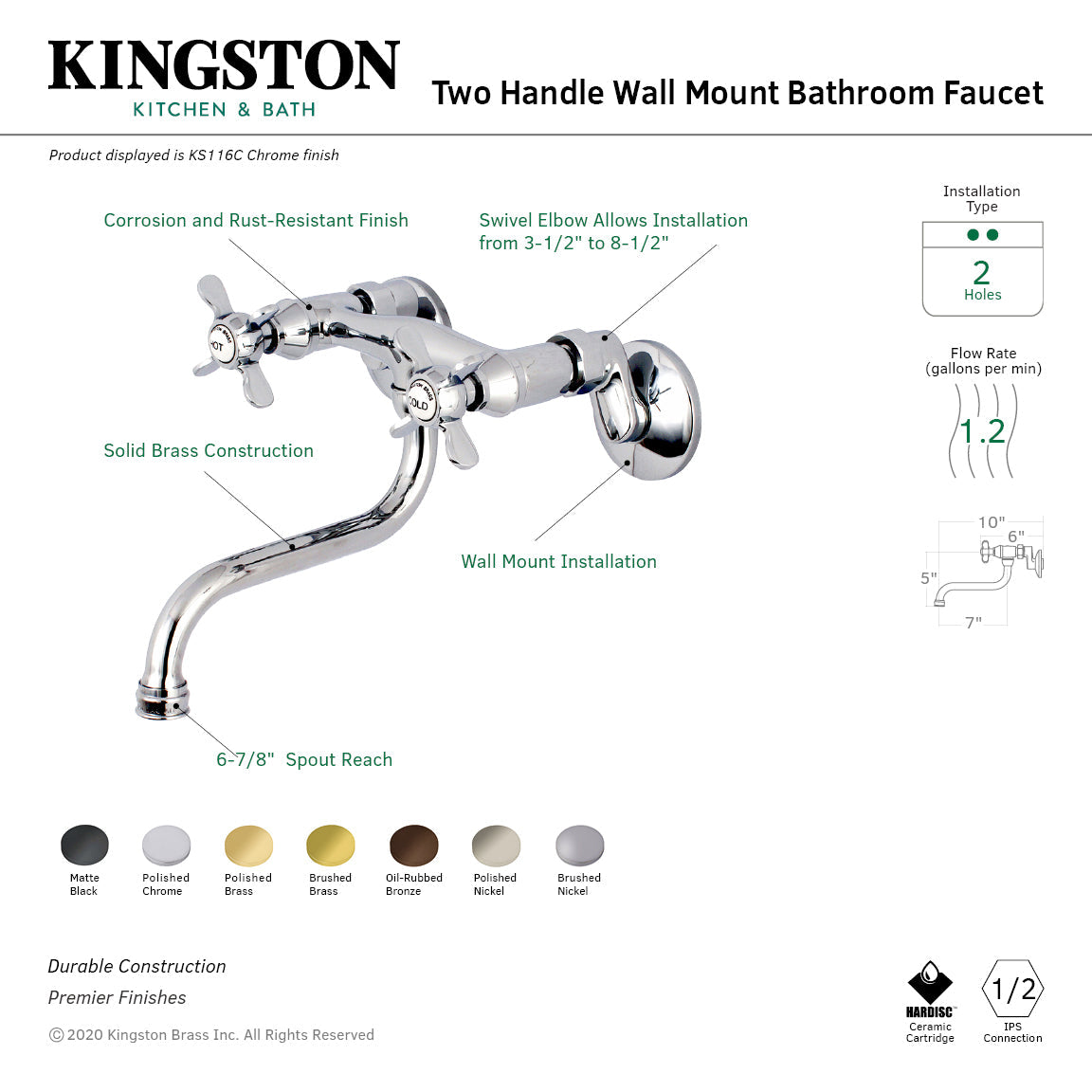 Essex KS116SB Two-Handle 2-Hole Wall Mount Bathroom Faucet, Brushed Brass