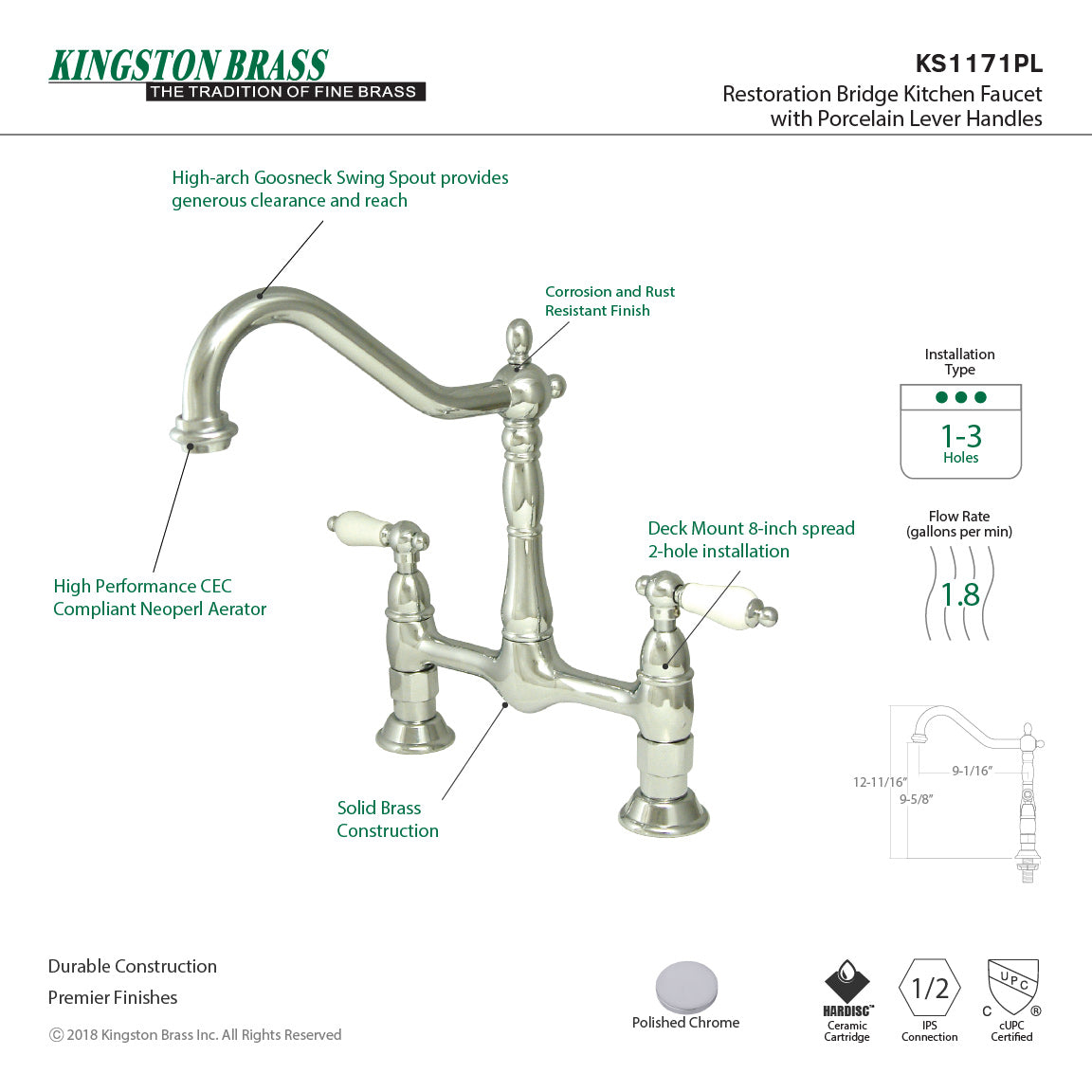 Heritage KS1171PL Two-Handle 2-Hole Deck Mount Bridge Kitchen Faucet, Polished Chrome