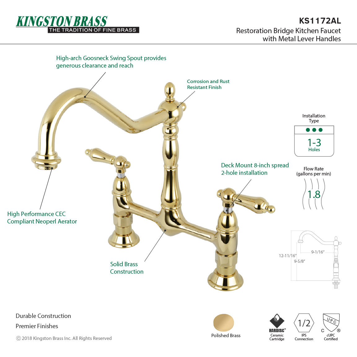 Heritage KS1172AL Two-Handle 2-Hole Deck Mount Bridge Kitchen Faucet, Polished Brass