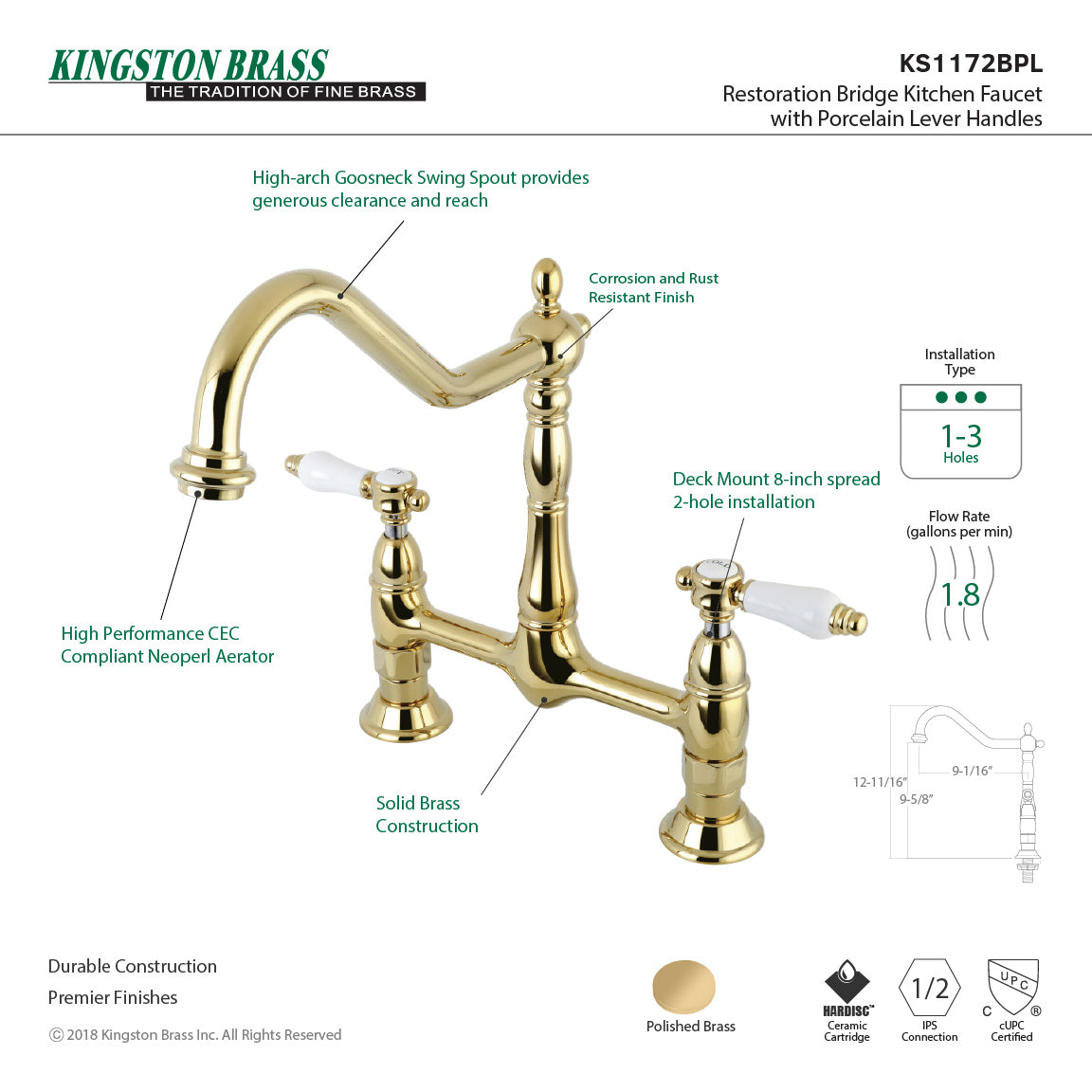 Bel-Air KS1172BPL Two-Handle 2-Hole Deck Mount Bridge Kitchen Faucet, Polished Brass