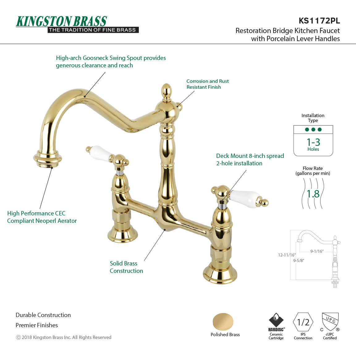 Heritage KS1172PL Two-Handle 2-Hole Deck Mount Bridge Kitchen Faucet, Polished Brass