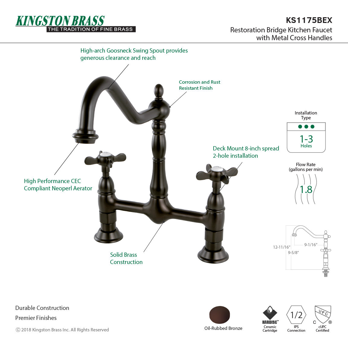 Essex KS1175BEX Two-Handle 2-Hole Deck Mount Bridge Kitchen Faucet, Oil Rubbed Bronze