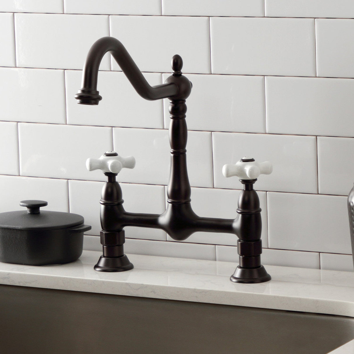 Heritage KS1175PX Two-Handle 2-Hole Deck Mount Bridge Kitchen Faucet, Oil Rubbed Bronze