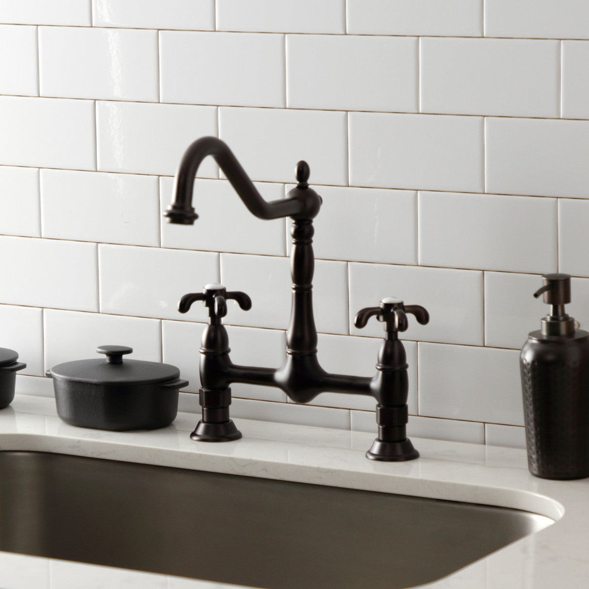 French Country KS1175TX Two-Handle 2-Hole Deck Mount Bridge Kitchen Faucet, Oil Rubbed Bronze