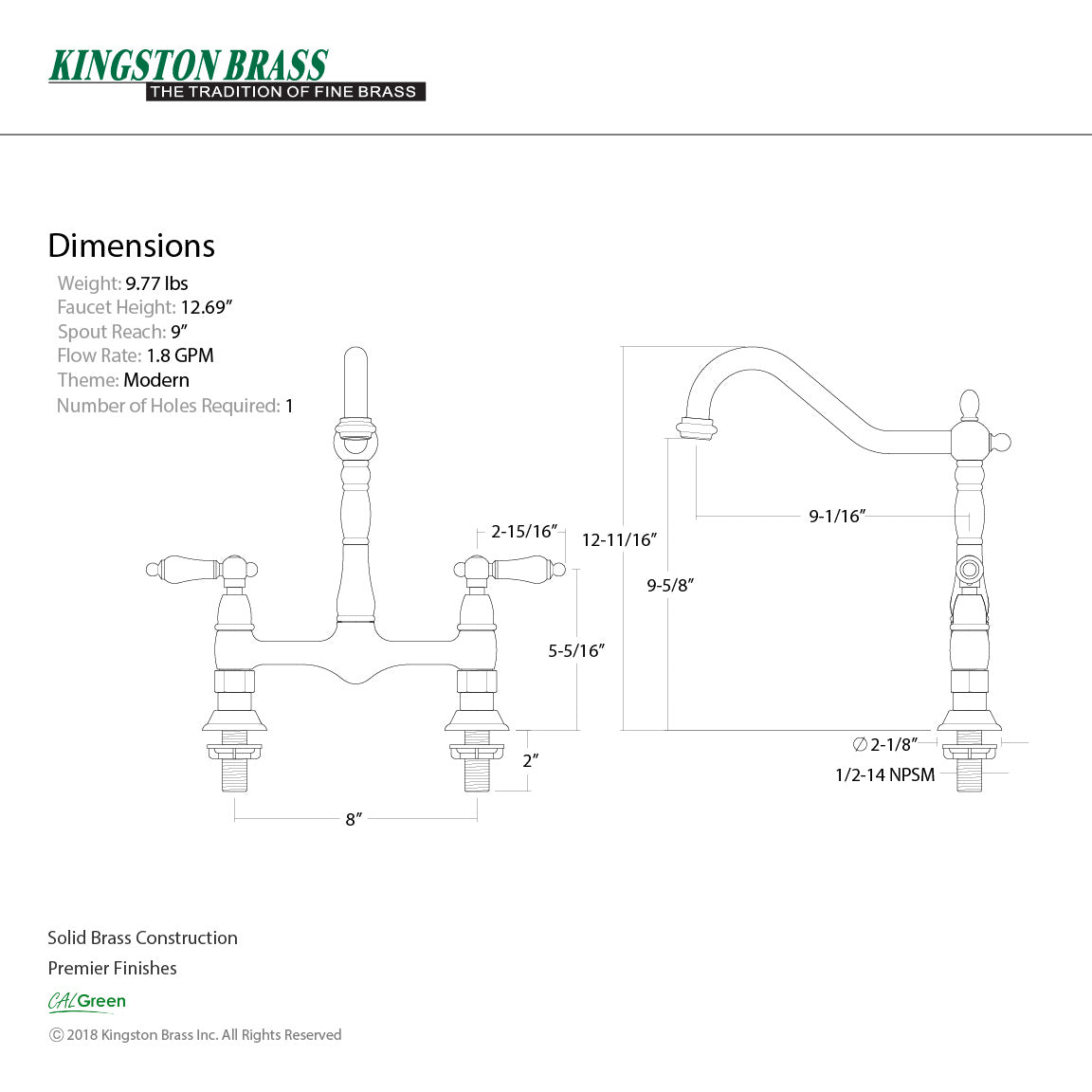 Heritage KS1178PL Two-Handle 2-Hole Deck Mount Bridge Kitchen Faucet, Brushed Nickel