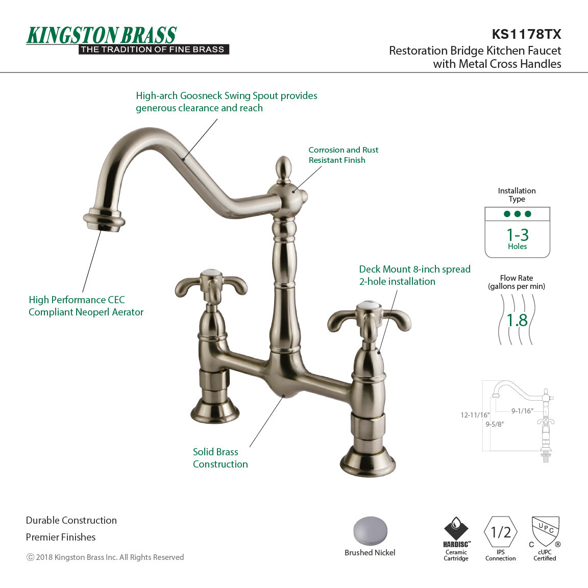 French Country KS1178TX Two-Handle 2-Hole Deck Mount Bridge Kitchen Faucet, Brushed Nickel