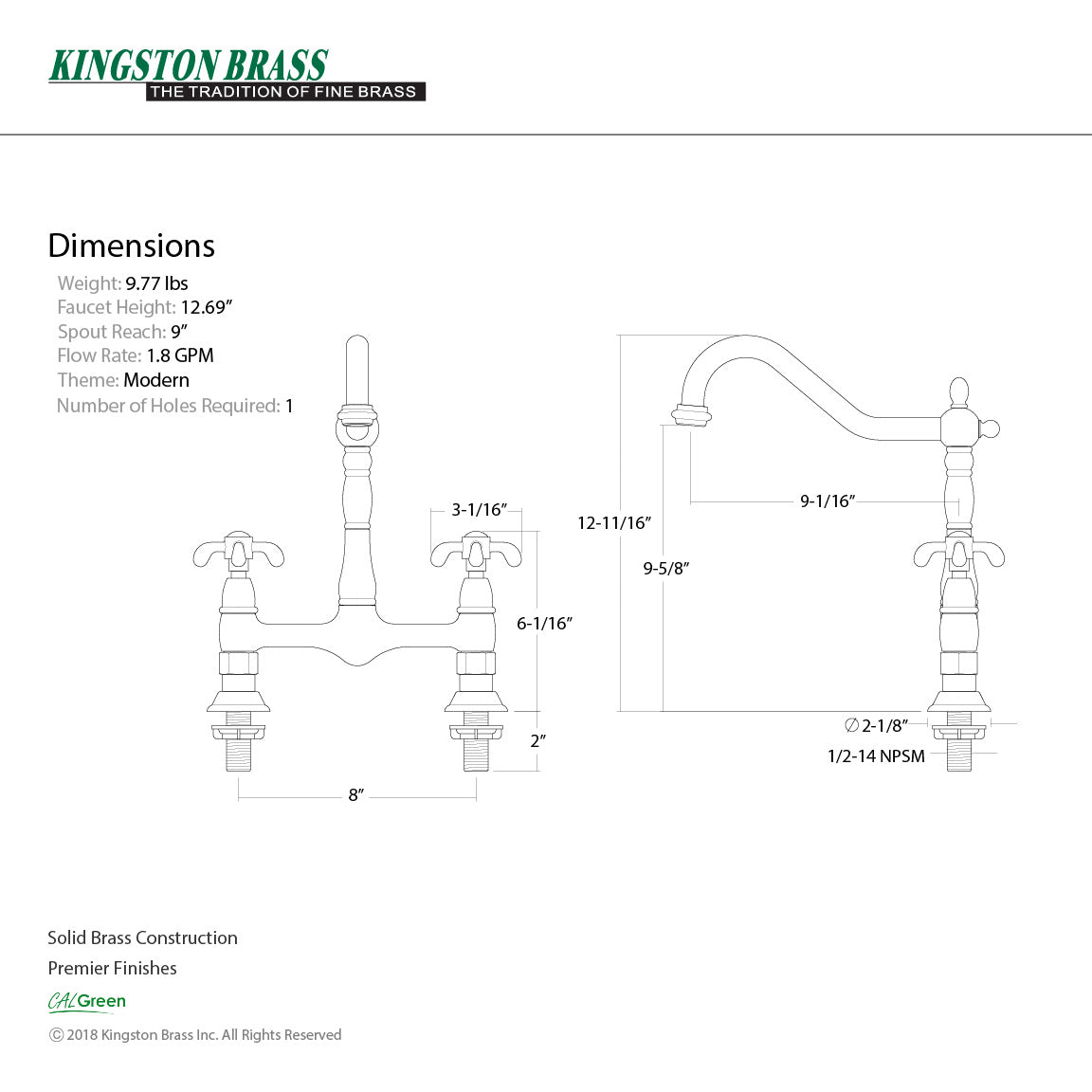French Country KS1178TX Two-Handle 2-Hole Deck Mount Bridge Kitchen Faucet, Brushed Nickel