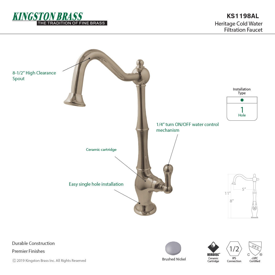 Heritage KS1198AL Single-Handle 1-Hole Deck Mount Water Filtration Faucet, Brushed Nickel