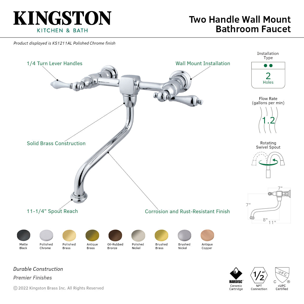Heritage KS1212AL Two-Handle 2-Hole Wall Mount Bathroom Faucet, Polished Brass