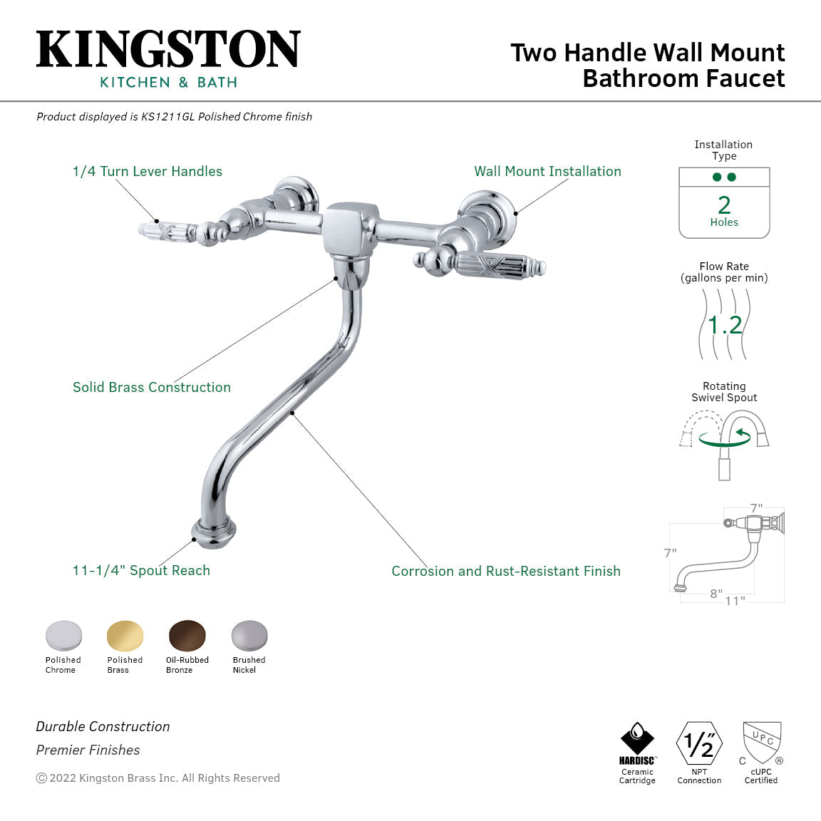 Heritage KS1215GL Two-Handle 2-Hole Wall Mount Bathroom Faucet, Oil Rubbed Bronze