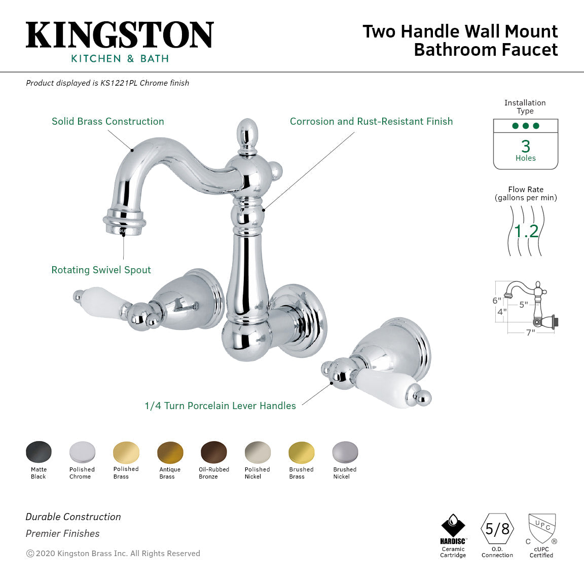 Heritage KS1227PL Two-Handle 3-Hole Wall Mount Bathroom Faucet, Brushed Brass