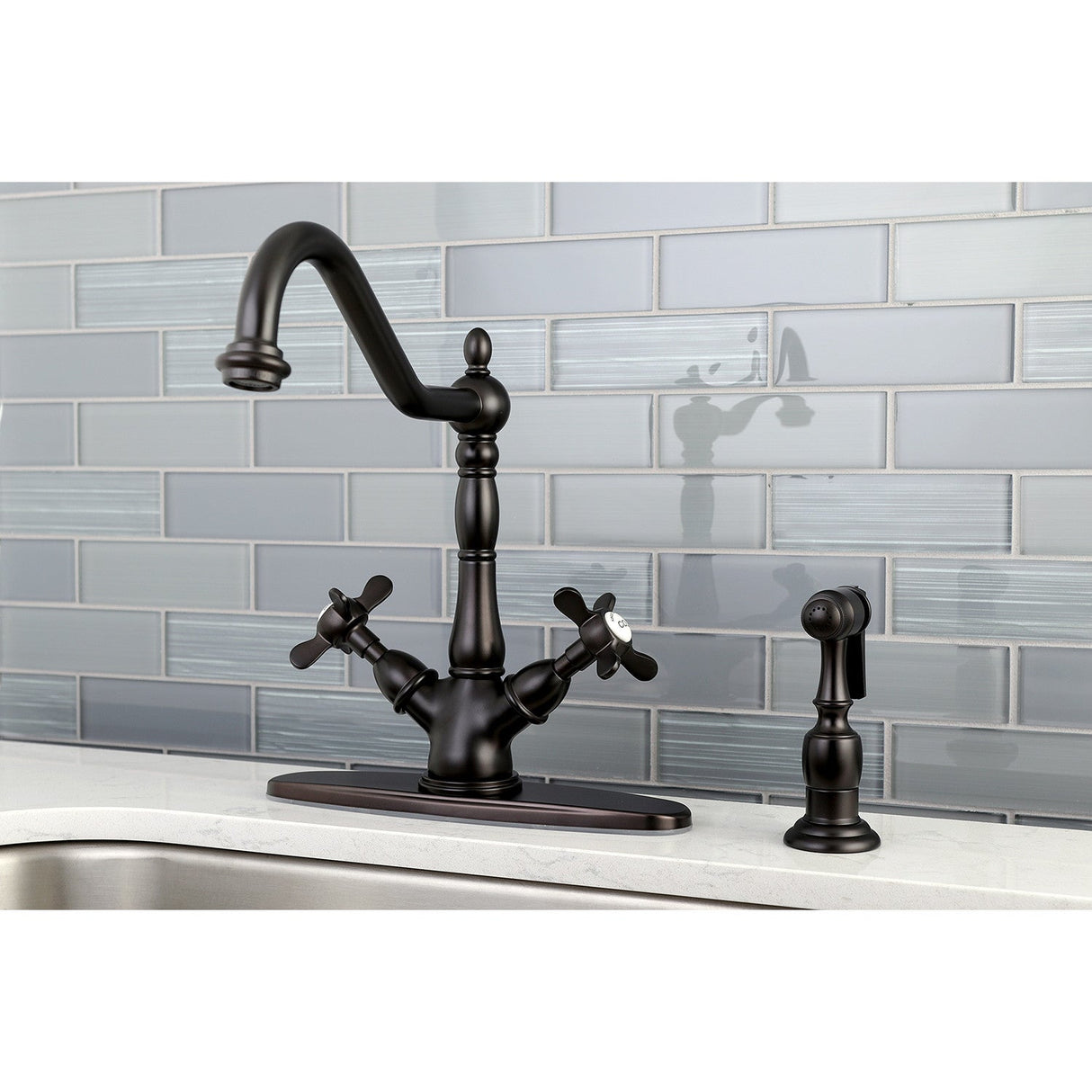 Essex KS1235BEXBS Two-Handle 2-or-4 Hole Deck Mount Kitchen Faucet with Brass Sprayer, Oil Rubbed Bronze