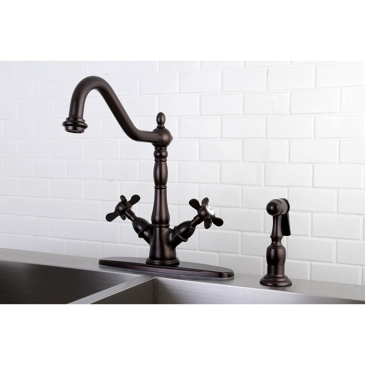 Essex KS1235BEXBS Two-Handle 2-or-4 Hole Deck Mount Kitchen Faucet with Brass Sprayer, Oil Rubbed Bronze