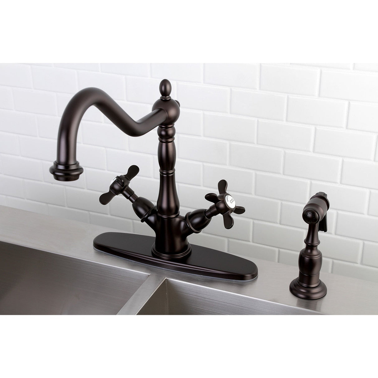 Essex KS1235BEXBS Two-Handle 2-or-4 Hole Deck Mount Kitchen Faucet with Brass Sprayer, Oil Rubbed Bronze