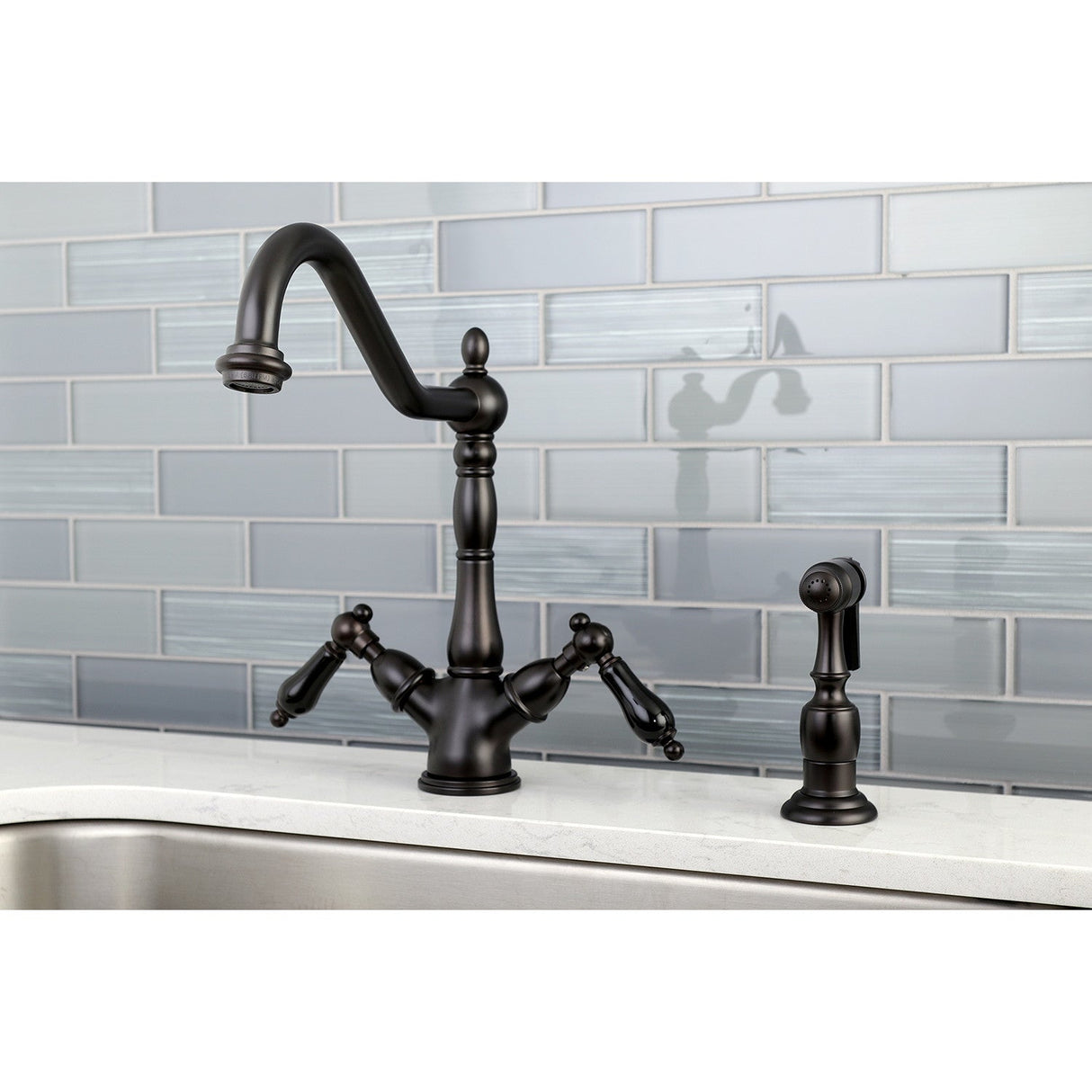 Duchess KS1235PKLBS Two-Handle 2-or-4 Hole Deck Mount Kitchen Faucet with Brass Sprayer, Oil Rubbed Bronze