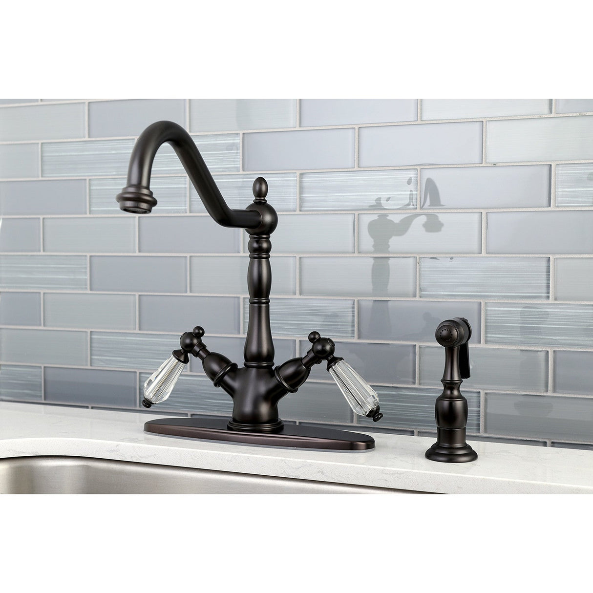 Wilshire KS1235WLLBS Two-Handle 2-or-4 Hole Deck Mount Kitchen Faucet with Brass Sprayer, Oil Rubbed Bronze