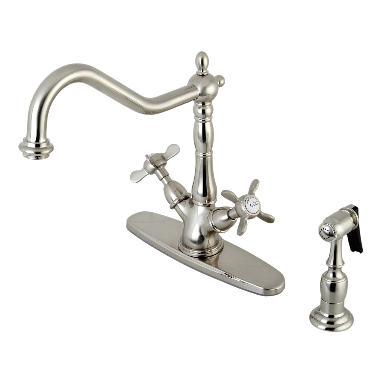 Essex KS1238BEXBS Two-Handle 2-or-4 Hole Deck Mount Kitchen Faucet with Brass Sprayer, Brushed Nickel