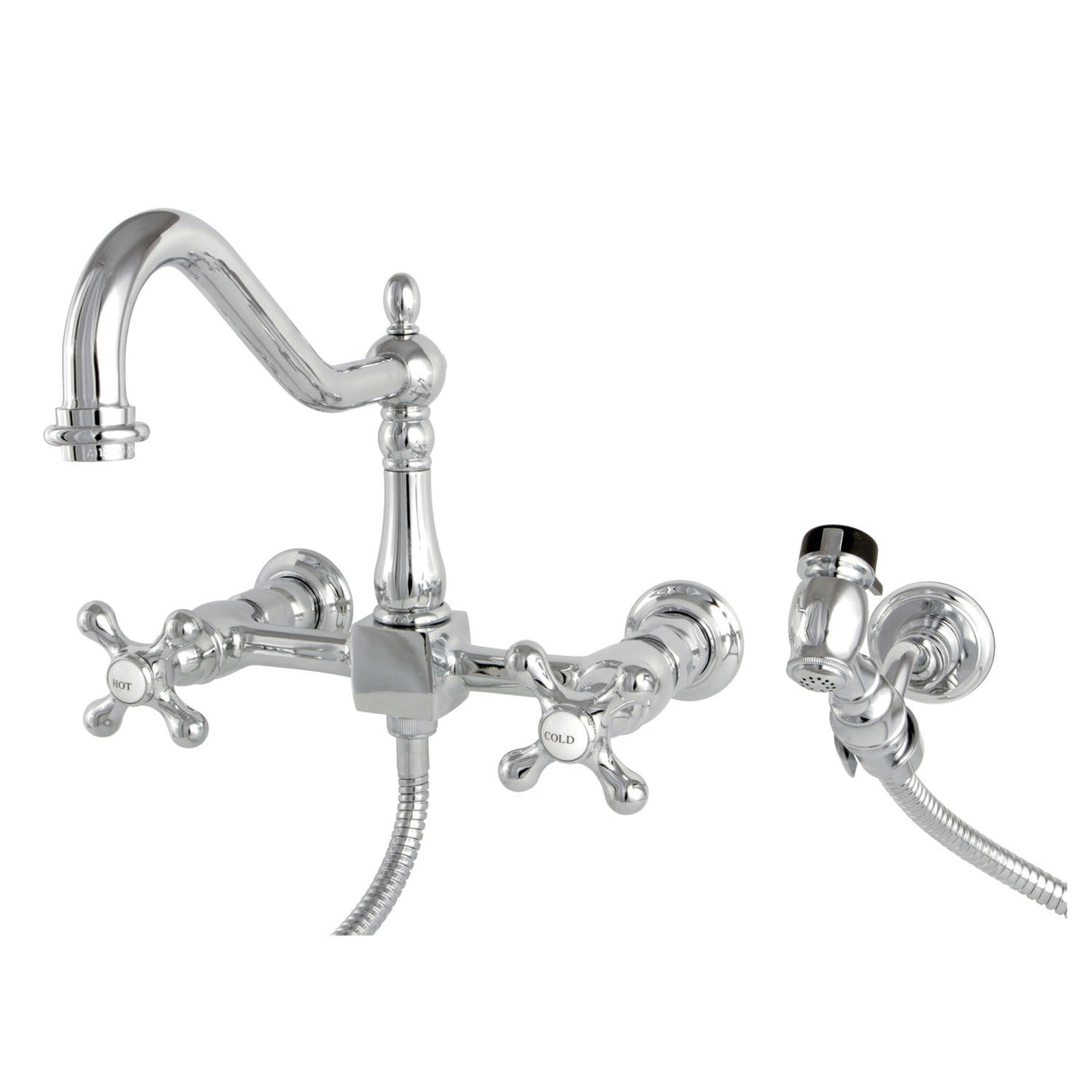 Heritage KS1241AXBS Two-Handle 2-Hole Wall Mount Bridge Kitchen Faucet with Brass Sprayer, Polished Chrome