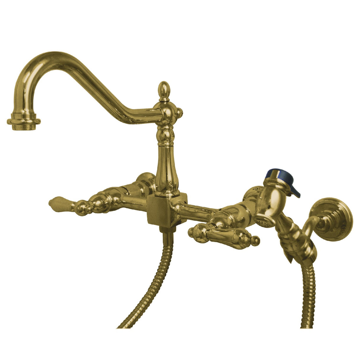 Heritage KS1242ALBS Two-Handle 2-Hole Wall Mount Bridge Kitchen Faucet with Brass Sprayer, Polished Brass