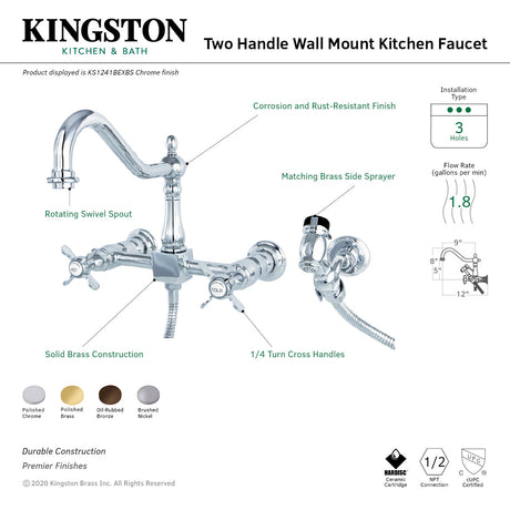 Essex KS1242BEXBS Two-Handle 2-Hole Wall Mount Bridge Kitchen Faucet with Brass Sprayer, Polished Brass