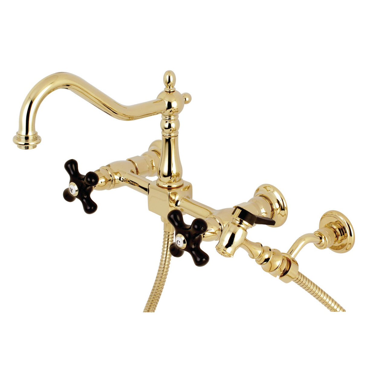 Duchess KS1242PKXBS Two-Handle 2-Hole Wall Mount Bridge Kitchen Faucet with Brass Sprayer, Polished Brass