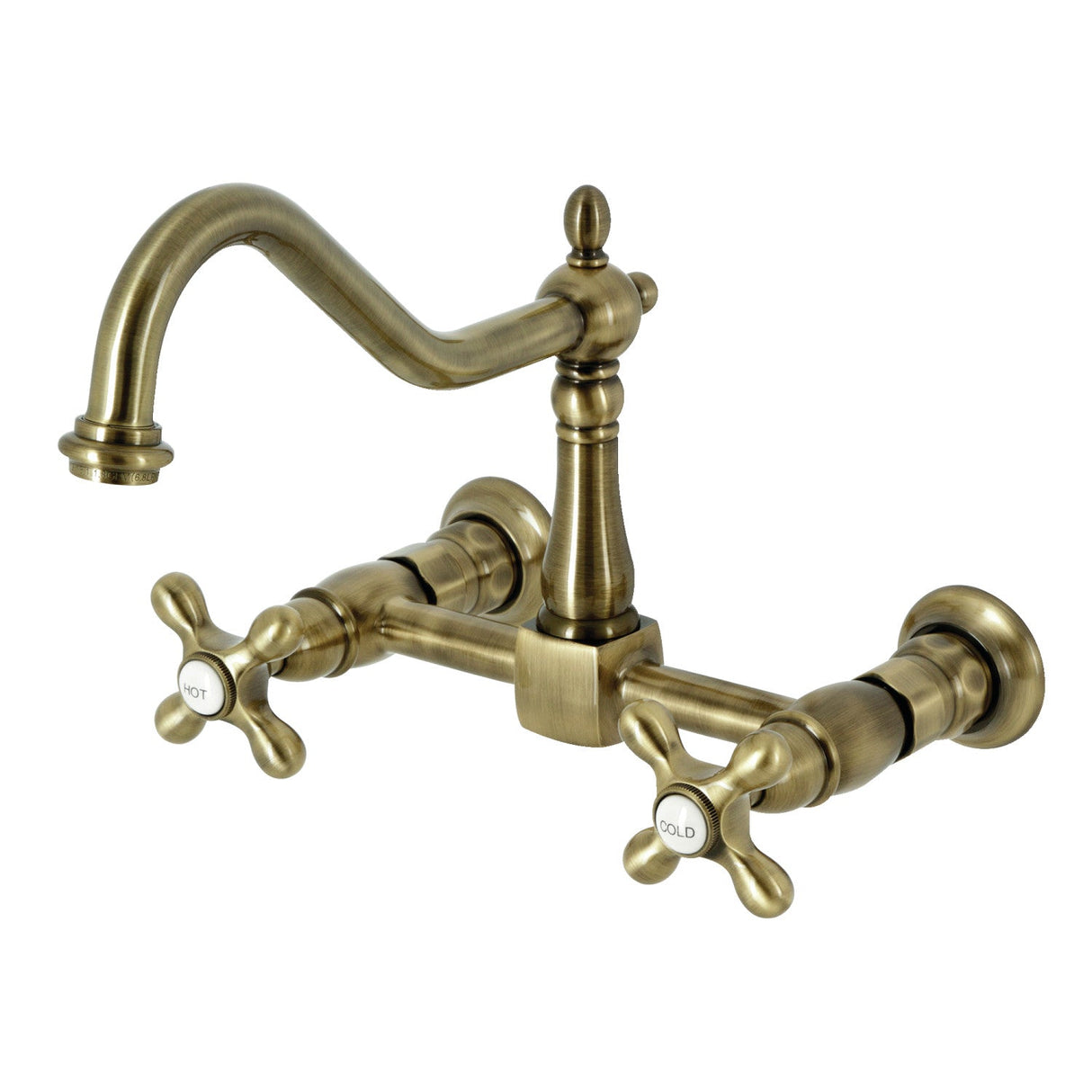 Heritage KS1243AX Two-Handle 2-Hole Wall Mount Bridge Kitchen Faucet, Antique Brass