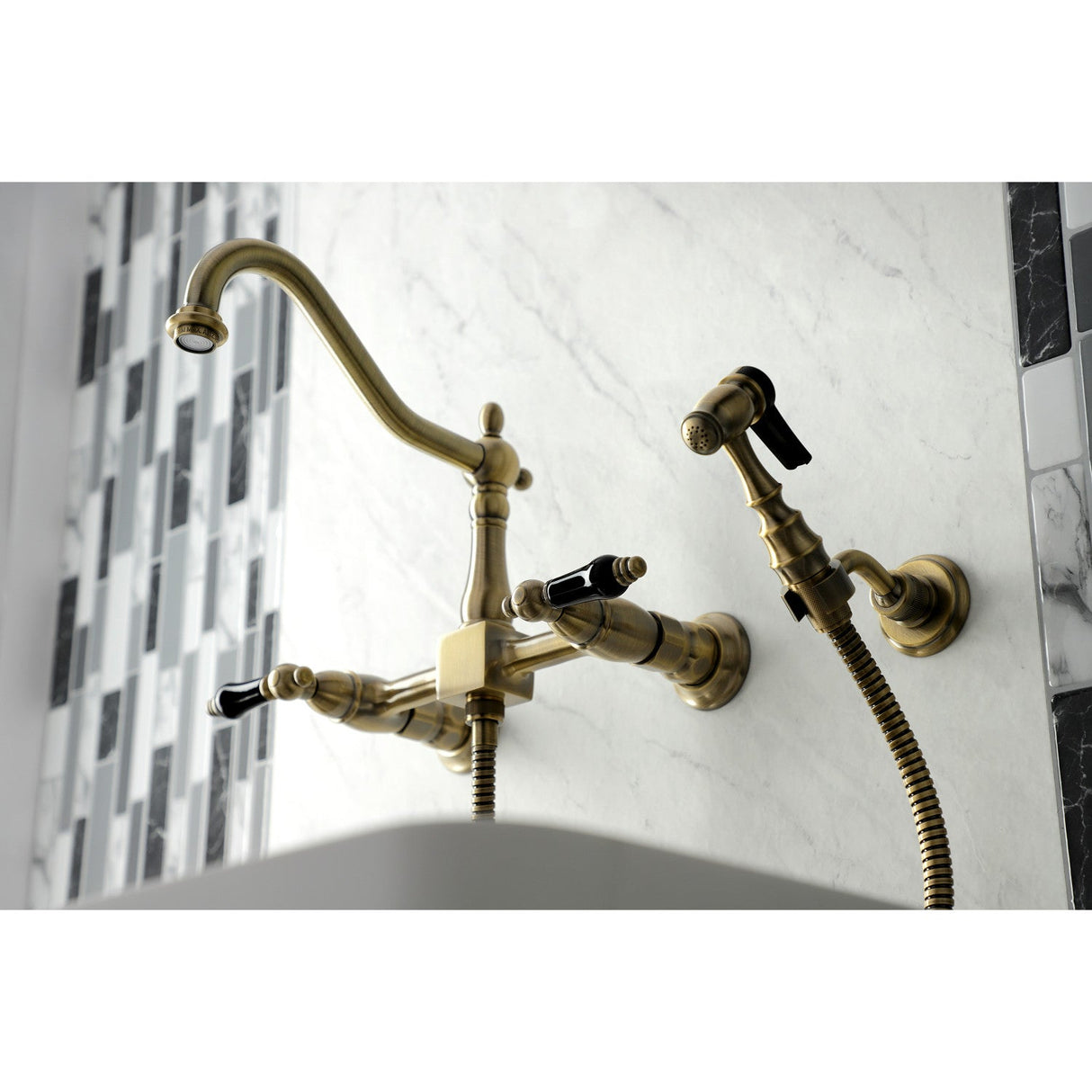 Duchess KS1243PKLBS Two-Handle 2-Hole Wall Mount Bridge Kitchen Faucet with Brass Sprayer, Antique Brass
